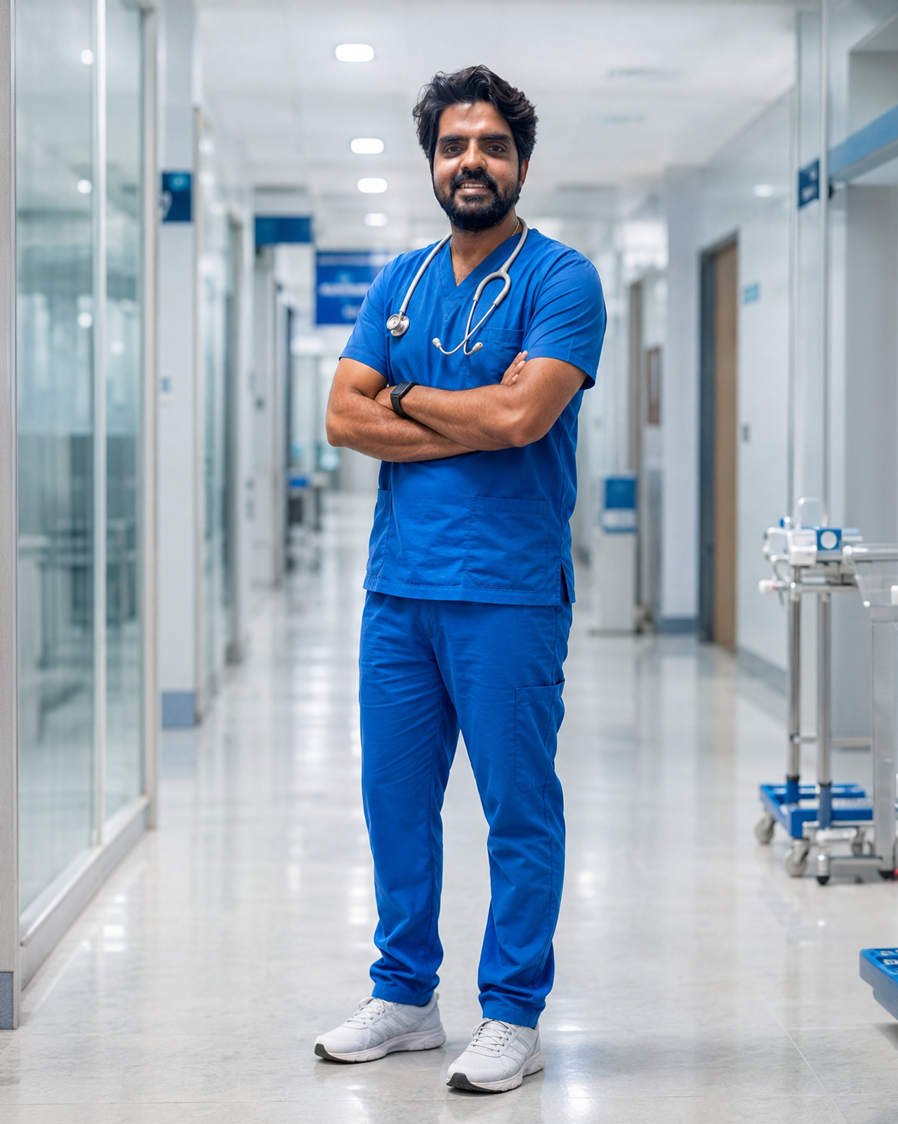 Dr Naveenraj in a hospital corridor